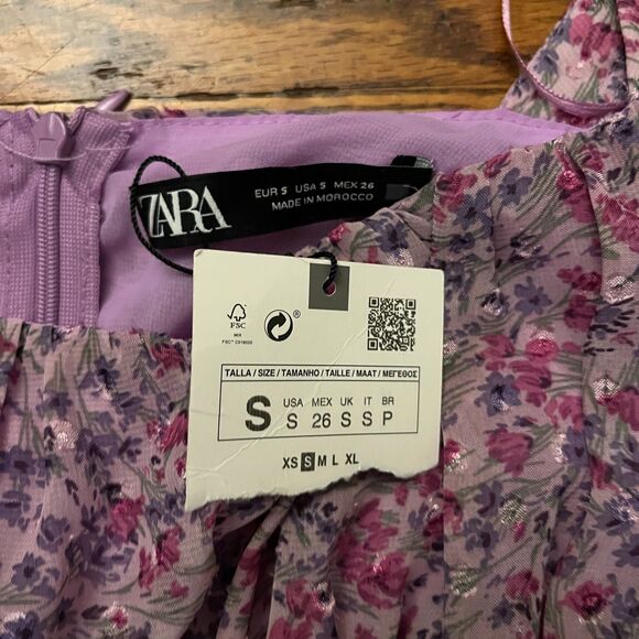 NWT Zara Small S Purple Floral Ruched Mini Dress Puff Sleeve Bodycon - Picture 2 of 5